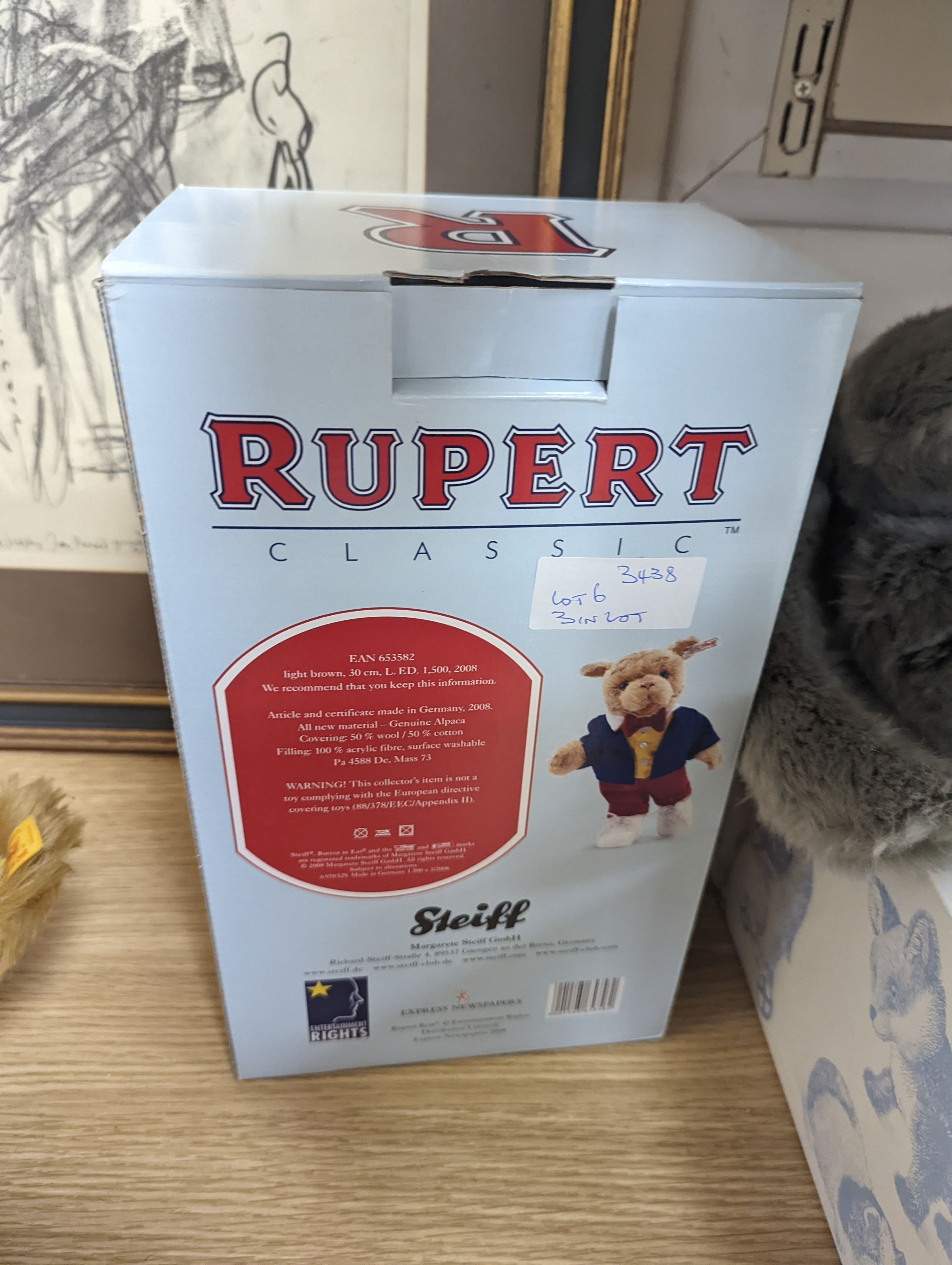 Steiff Classic 1903 bear with Steiff Limited Edition 'Algy' Pug from Rupert Series with Steiff Limited Edition 'Bill the Badger', Rupert Series both with box and certificate, bear 47 cms high.